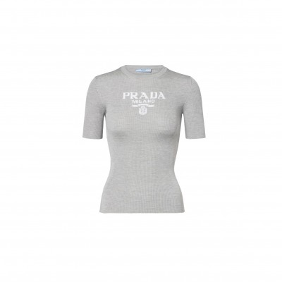 PRADA WOMEN'S GRAY LOGO RIBBED-TRIM SILK T-SHIRT 